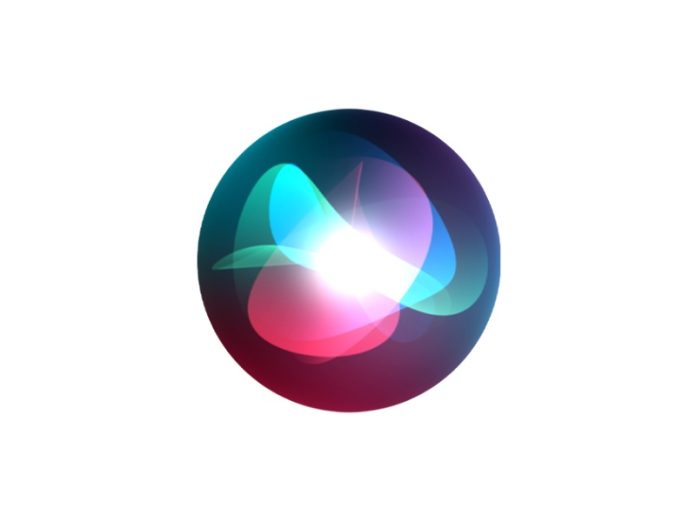 Siri commando's Apple Home. Abstracte, gloeiende Siri-golfvorm in een bol, met blauwe en magenta tinten op een witte achtergrond.