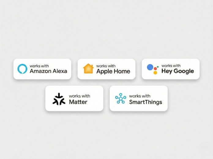 Smart home compatibiliteit logo's voor Amazon Alexa, Apple Home, Hey Google, Matter en SmartThings op een lichte achtergrond.