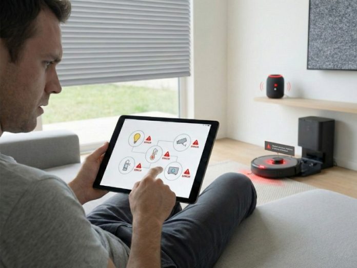 Een man zit op de bank en kijkt geconcentreerd naar een tablet met een netwerkdiagram van smart home apparaten, die allemaal een rode 'ERROR' melding tonen. Dit benadrukt de noodzaak om Smart home fouten voorkomen.