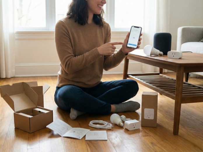 Vrouw in bruine trui en jeans zit op een houten vloer en wijst naar het setup-scherm op haar smartphone. Rond haar liggen de smart home starten benodigdheden: een slimme lamp, witte stekkers en instructies, met een donkere smart speaker op de tafel.