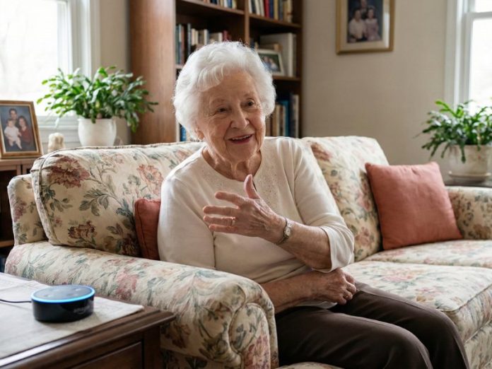 Oudere vrouw met wit haar glimlacht in haar woonkamer, zittend op een bloemenbank met een terracotta kussen. Naast haar staat een zwarte slimme luidspreker (Smart home voor senioren) met een blauwe ring.