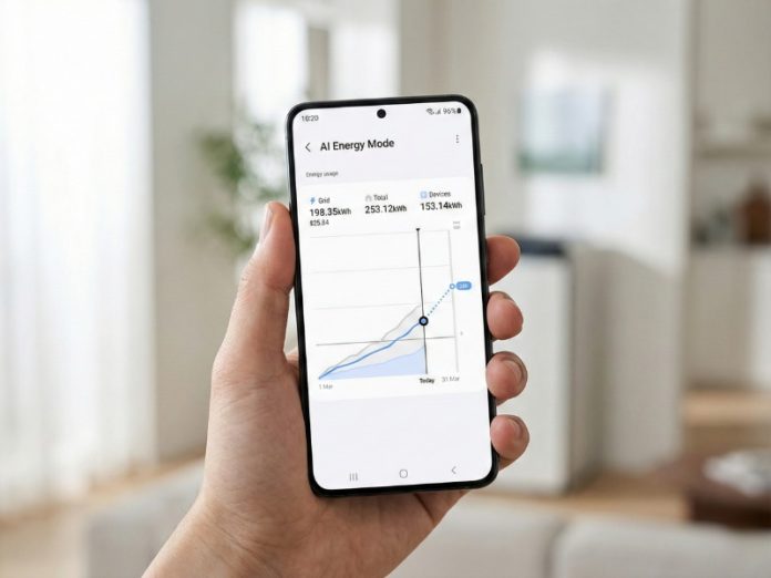Een hand houdt een zwarte smartphone vast met de SmartThings AI Energy Mode interface, die een blauwe grafiek van het energieverbruik toont om te helpen bij SmartThings Energy besparen.