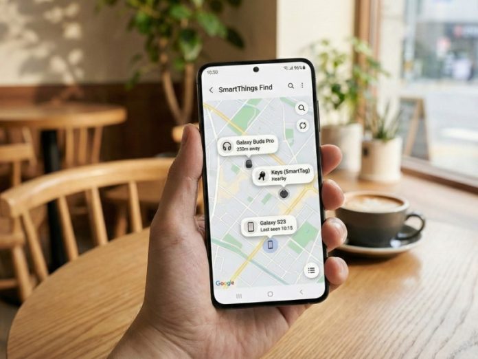 Zwarte Samsung-telefoon in een hand toont de SmartThings Find uitleg op een kaart met locaties van Galaxy Buds Pro en een SmartTag. Het apparaat ligt op een lichtbruine houten tafel naast een donkergrijs koffiekopje, met groene planten en een raam op de achtergrond.