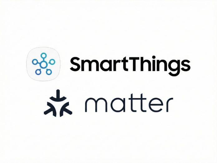 Logo's van SmartThings (blauw netwerkicoon) en Matter (donkerblauw, driedelig symbool) naast elkaar, ter illustratie van de SmartThings Matter uitleg.