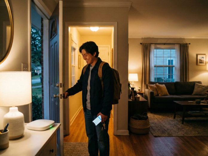 Lachende man met rugzak betreedt zijn huis en gebruikt zijn smartphone bij de voordeur, naast een wit SmartThings-apparaat met groen licht. Dit toont de functionaliteit van SmartThings Rules API en Routines.