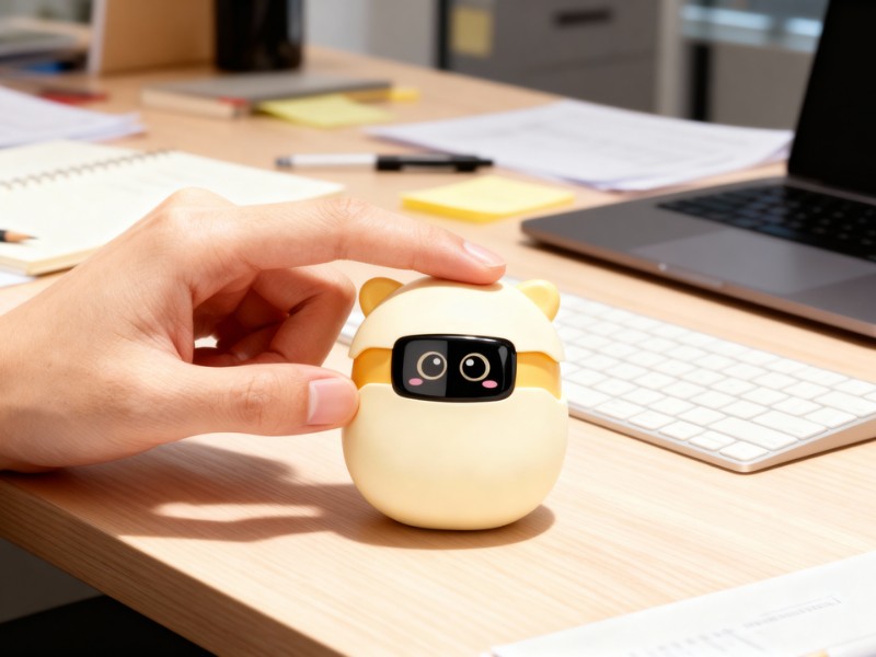 Hand aait een lichtgele Sweekar AI Pet met een zwart scherm en schattige ogen op een lichtbruin bureau naast een wit toetsenbord en een laptop.
