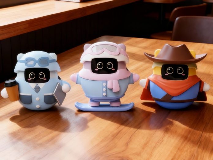 Drie Sweekar AI Pet robots in lichtblauw, roze en gele kostuums (zakelijk, skiën en cowboy) op een glanzende houten tafel in een café.