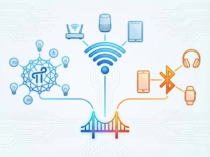 Schematische illustratie van de connectiviteit van Thread (blauw mesh met slimme lampen), Wifi (router, luidspreker, tablet) en Bluetooth (oranje, met telefoon en wearables), die samenkomen in een centrale, regenboogkleurige brug. Vergelijking van Thread vs Wifi vs Bluetooth.