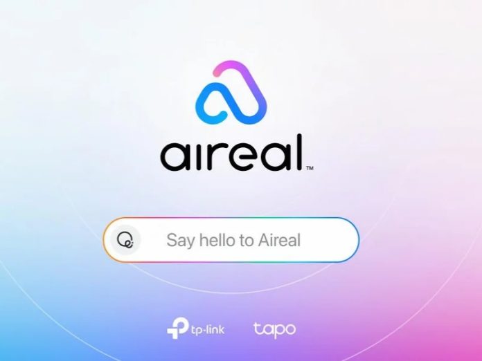 Introductiescherm voor TP-Link Aireal AI. Een lusvormig, verlopend logo (blauw naar roze) staat boven de naam 'aireal' op een zachte, paars-blauwe achtergrond. Onder de naam staat een tekstbalk met de prompt 