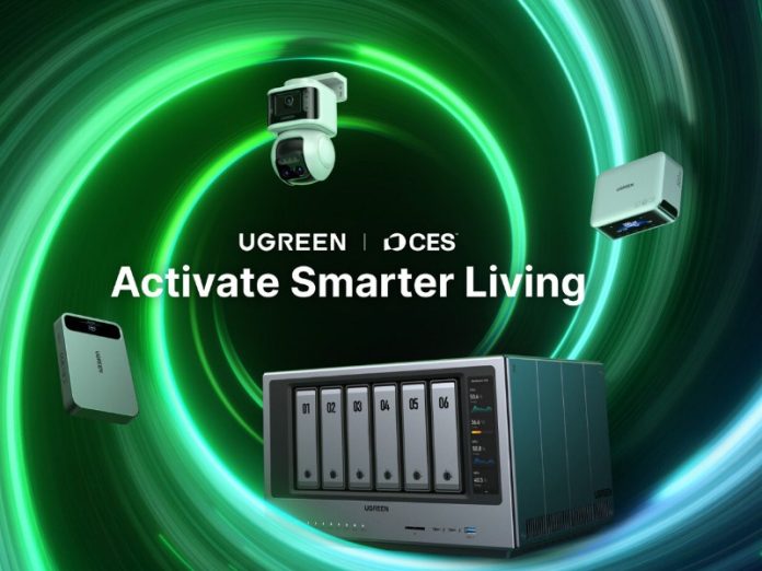 UGREEN SynCare CES 2026 aankondiging: een zilveren 6-bay NAS, beveiligingscamera en andere lichtgrijze slimme apparaten. De producten zweven tegen een donkergroene achtergrond met wervelende neonlichtlijnen. Tekst: 'Activate Smarter Living'.