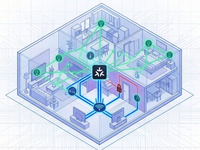 Isometric blauw/groene illustratie van een slim huis plattegrond, die het concept van 
