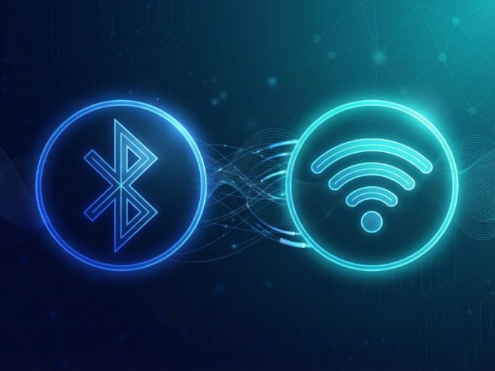 Digitale illustratie van het Wifi vs Bluetooth verschil, met het blauwe Bluetooth-symbool en het lichtblauwe Wifi-symbool in gloeiende cirkels op een donkere, technologische achtergrond.
