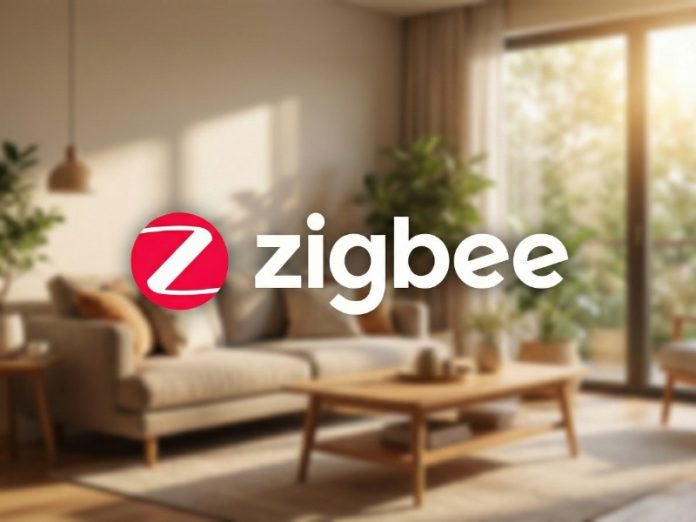 Wit Zigbee logo (rode cirkel met witte Z) en tekst op een wazige achtergrond van een moderne, lichte woonkamer.