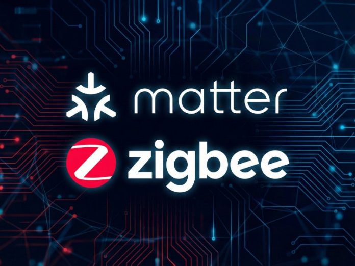 Witte Matter logo en het rood-witte Zigbee logo op een donkere achtergrond met oplichtende blauwe en rode circuitlijnen, ter illustratie van de Zigbee en Matter samenwerking.