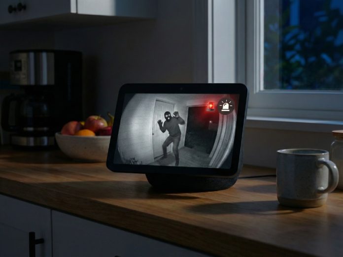 Een Alexa smart display op een aanrecht toont een nachtzichtopname van een gemaskerde inbreker met opgeheven handen, naast een rood knipperend alarmlicht, als voorbeeld van Alexa Beveiliging.