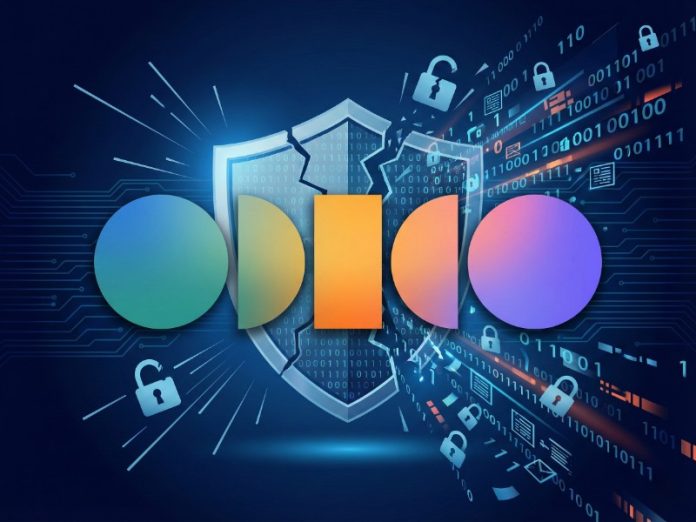 Digitale illustratie van de letters O D I D O in kleurrijke geometrische vormen (blauwgroen, geel, oranje, paars) over een gebroken beveiligingsschild, omringd door binaire code en open hangsloten, wat een datalek bij Odido symboliseert.