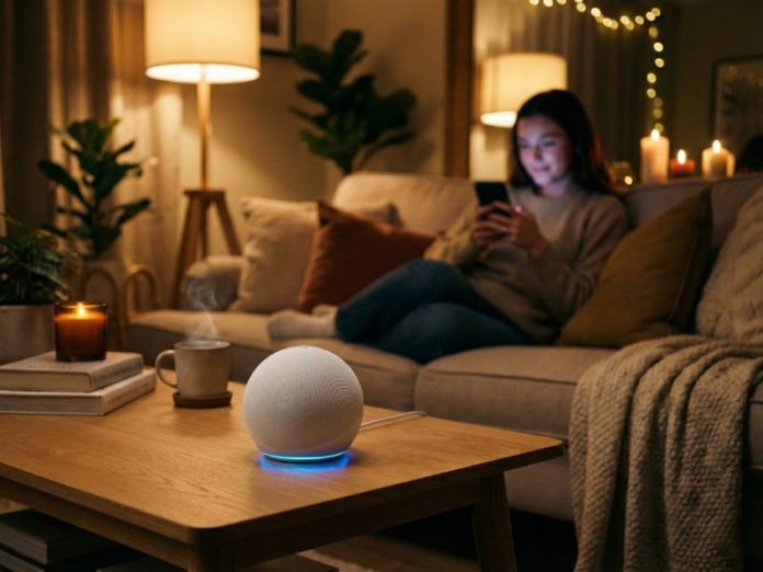 Een witte bolvormige smart speaker met een blauwe lichtring staat op een houten salontafel in een sfeervolle woonkamer, met een persoon op de bank op de achtergrond. Dit is een van De 7 beste Matter hubs van 2026.