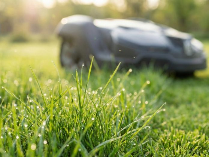 Heldergroen gras met dauwdruppels op de voorgrond; wazige donkergrijze robotgrasmaaier in de gouden ochtendzon. Vraagstuk: Wanneer eerste keer gras maaien?