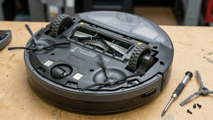 De onderkant van een donkergrijze robotstofzuiger ligt op een houten werkblad naast een schroevendraaier en reserveonderdelen voor het oplossen van 7 veelvoorkomende robotstofzuiger problemen.