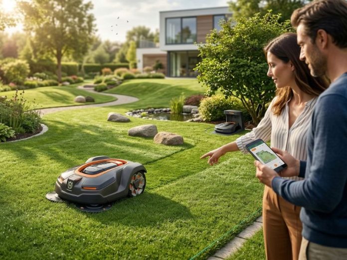 man en vrouw staan naast een robotmaaier die over het gazon rijd