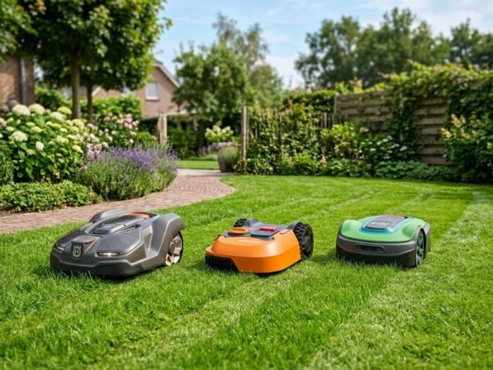 3 robot maaiers liggen naast elkaar op het gras