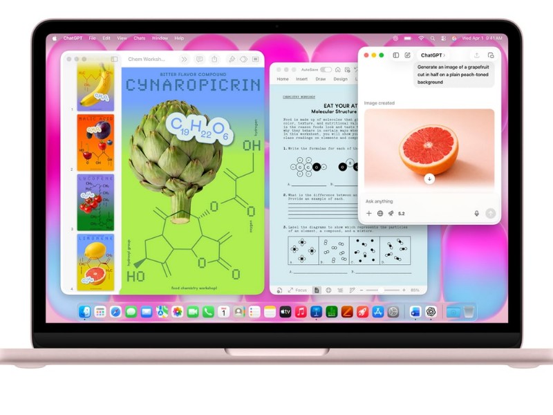 Een geopende roségouden MacBook Neo toont op het scherm overlappende vensters. Links een scheikundige poster met een grote artisjok en de formule C19H22O6 op een limoengroene achtergrond. Rechtsboven een ChatGPT-venster met een gegenereerde afbeelding van een halve grapefruit op een perzikkleurige achtergrond. Daartussenin een scheikundig werkblad. De desktopachtergrond is een roze-paars-blauw gradiënt.