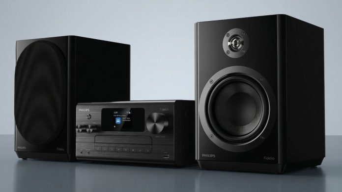 Zwart Philips Fidelio microsysteem met een centrale eenheid voorzien van een digitaal display en twee bijpassende luidsprekers op een reflecterend oppervlak.