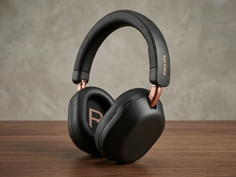 Zwarte Philips Fidelio hoofdtelefoon met roségouden accenten op een houten tafel, gepresenteerd tijdens de Philips Fidelio FA7 & L5 onthulling.