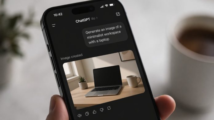 Een zwarte smartphone in een hand toont de ChatGPT-app in donkere modus met een prompt voor een minimalistische werkplek. ChatGPT Images 2.0 toont een gegenereerde afbeelding van een laptop, een klein plantje en een witte mok op een licht houten bureau tegen een wazige achtergrond.