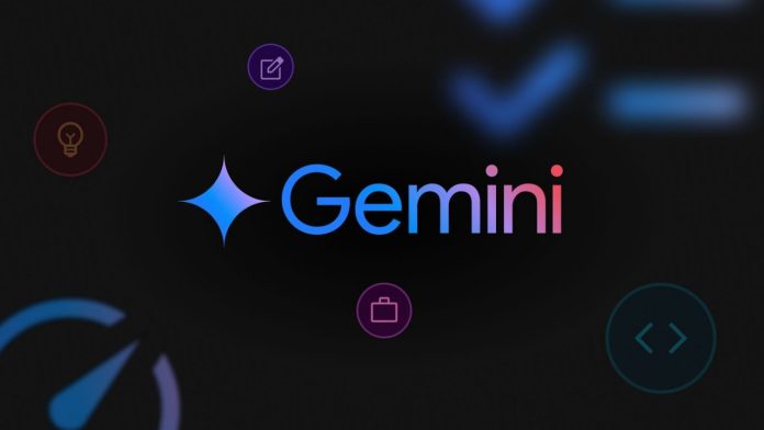 Het woord Gemini in een blauw-naar-roze kleurverloop met een lichtblauwe vierpuntige ster op een donkere achtergrond, omringd door subtiele iconen voor creativiteit en productiviteit om Gemini your day te ondersteunen.