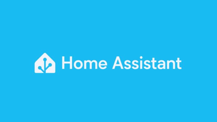 Wit Home Assistant-logo en tekst op een helderblauwe achtergrond.