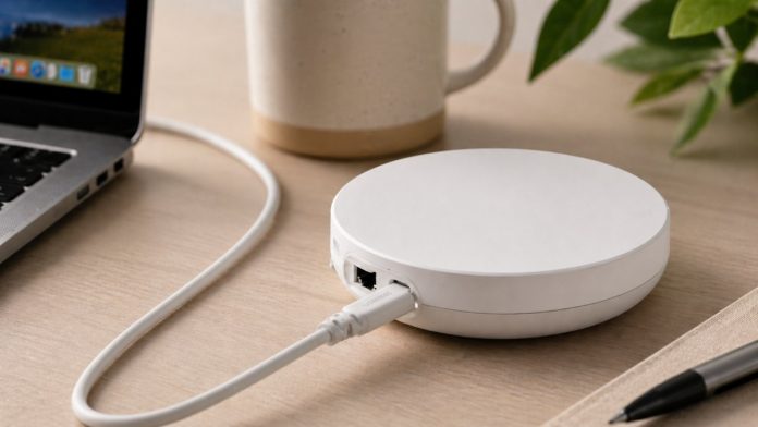 Witte, ronde IKEA Dirigera smart home hub op een licht houten bureau, aangesloten met een witte kabel.