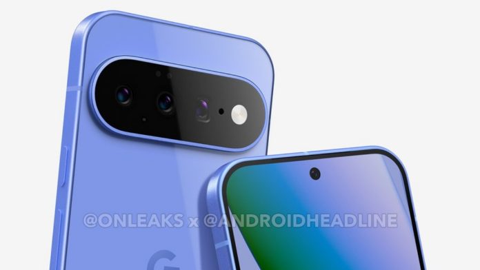 Achter- en vooraanzicht van een lichtblauwe Google Pixel-smartphone met een opvallende zwarte camerabalk en een kleurrijke Pixel Glow op het display.