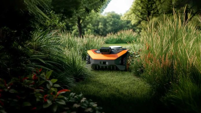 Oranje robotmaaier stopt steeds tussen het hoge gras en de dichte begroeiing van een weelderige, groene tuin.