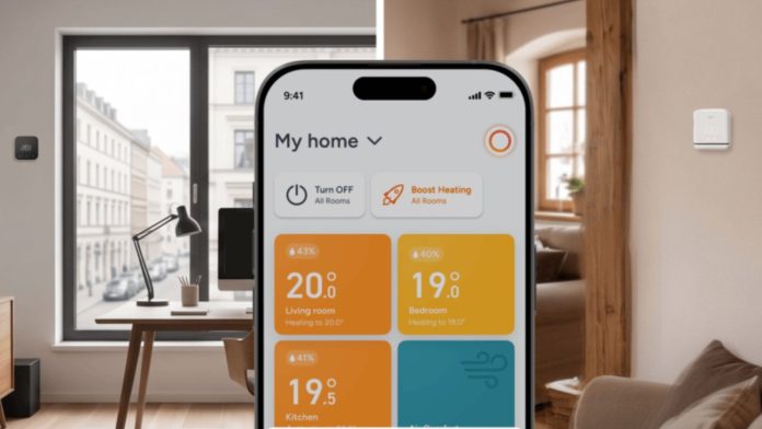 Een smartphone toont de tado-app met een keuzemenu om met tado Meerdere Huizen te Bedienen. De achtergrond is gesplitst tussen een modern kantoor met een zwarte thermostaat en een sfeervolle woonkamer met houten balken en een witte thermostaat aan de wand.