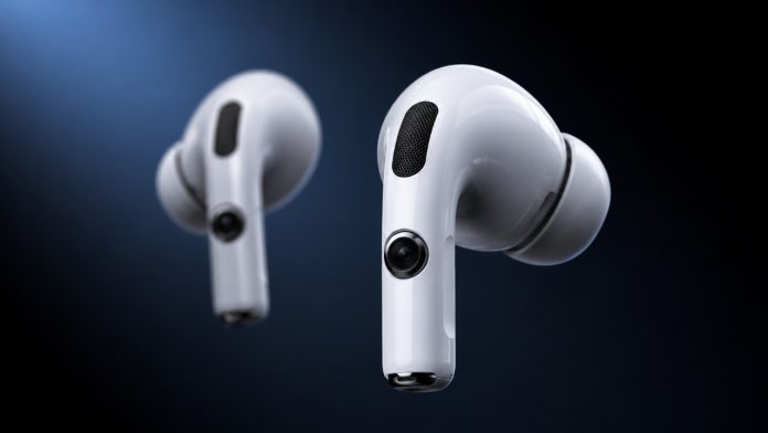 Een close-up van twee witte AirPods met camera lenzen op de stelen, zwevend tegen een sfeervolle donkerblauwe achtergrond.