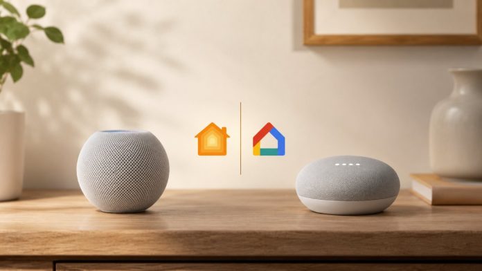 Een vergelijking van Apple Home vs Google Home met een Apple HomePod Mini en een Google Nest Mini naast elkaar op een houten dressoir.