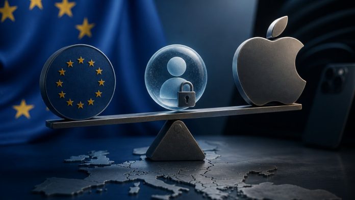 Een weegschaal die de strijd Apple vs. EU weergeeft, met een blauwe schijf met gele sterren en een zilverkleurig Apple-logo aan weerszijden van een glazen bol met een gebruikersicoon en hangslot, geplaatst op een metalen kaart van Europa tegen een donkerblauwe achtergrond.