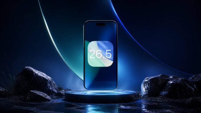 Een moderne smartphone zwevend boven een rotsachtig platform, met het getal 26.5 op het scherm tegen een futuristische blauwe en groene achtergrond voor iOS 26.5.