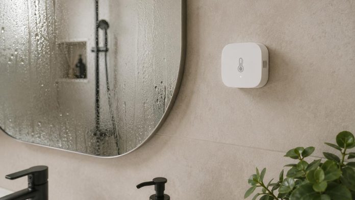 Een witte slimme sensor op een beige betegelde wand naast een beslagen spiegel, ideaal voor het automatiseren van de badkamer afzuiging.
