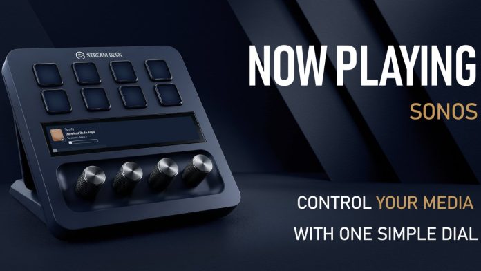 Een donkerblauwe Stream Deck + met vier zilveren draaiknoppen en een display voor het bedienen van Sonos, vergezeld van de tekst 'Now Playing Sonos' en 'Control your media with one simple dial'. Sonos bedienen via Stream Deck wordt hiermee visueel weergegeven.