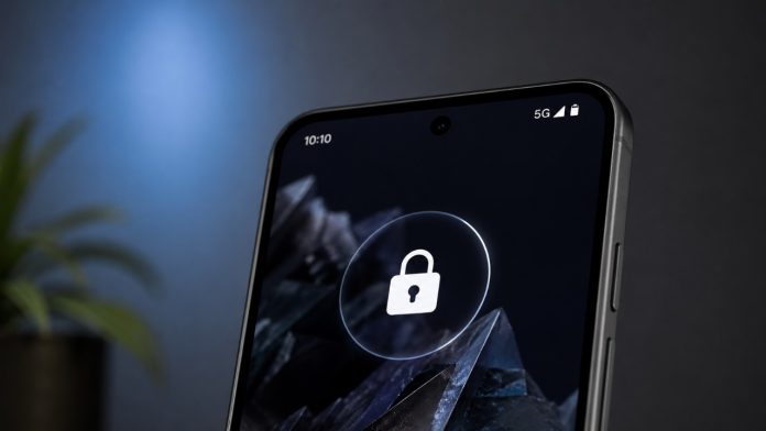 Close-up van een donkergrijze smartphone met een wit hangslot op het scherm voor de Google Home Mei Update, weergegeven tegen een achtergrond van donkere kristallen en een sfeervolle blauwe gloed.