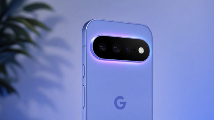 Google Pixel 11 leak concept van een paarsblauwe smartphone met een oplichtende horizontale camerabalk en een subtiel Google-logo op de achterzijde.