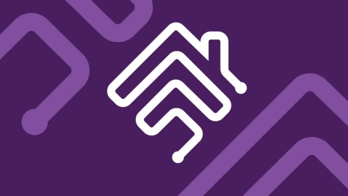 Wit Homebridge 2.0-logo in de vorm van een gestileerd huis op een dieppaarse achtergrond met abstracte geometrische patronen.
