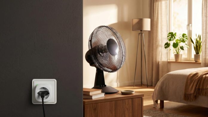 Een zwarte ventilator op een houten nachtkastje in een lichte slaapkamer, ideaal om je huis te koelen zonder dure airco.