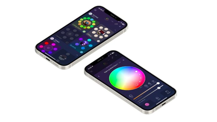 Twee iPhones tonen de iConnectHue update met een donkere interface vol levendige, veelkleurige cirkels en een groot kleurenwiel voor het bedienen van slimme verlichting.