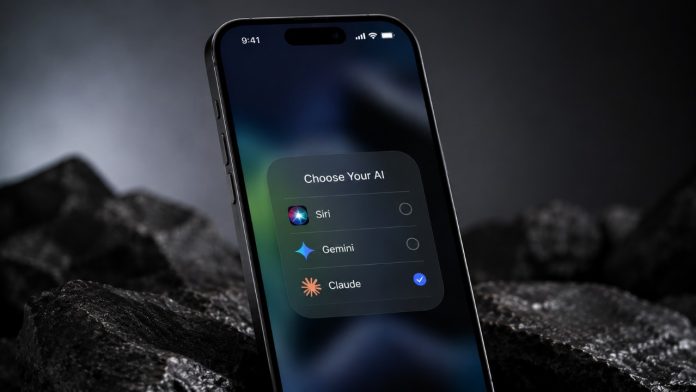 Een zwarte iPhone toont het 'iOS 27 Leak: Kies Zelf Je AI' menu op een donker scherm. De opties Siri (veelkleurig), Gemini (lichtblauw) en Claude (oranje) zijn zichtbaar, waarbij Claude is geselecteerd met een blauw vinkje. Het toestel staat op een ondergrond van ruige, zwarte rotsen met subtiele blauwe en groene verlichting.