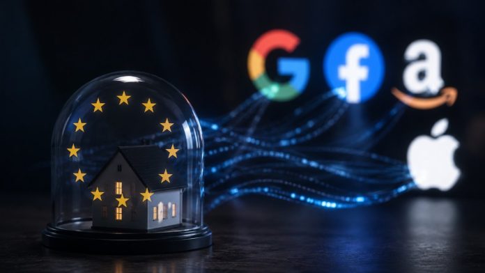 Een miniatuurhuisje onder een glazen stolp met EU-sterren, verbonden door blauwe lichtstromen met de logo's van Google, Facebook, Amazon en Apple, ter illustratie van jouw data bij Big Tech.