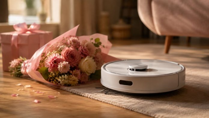 Een moderne witte robotstofzuiger gepresenteerd naast een prachtig boeket met roze bloemen en een roze cadeauverpakking, ideaal als Moederdag Smart Home Cadeaus.