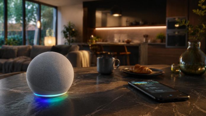 Witte bolvormige smart speaker met een oplichtende blauwe en groene ring op een donker marmeren aanrecht voor smart home AI trucs, naast een smartphone in een sfeervol verlichte moderne keuken.